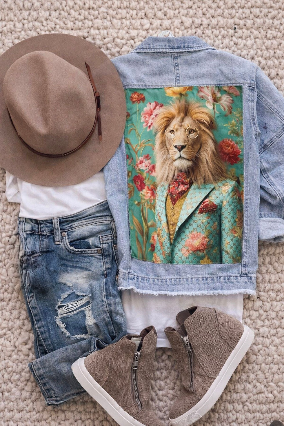 Veste en jean femme neuve customisée, visuel lion fleuri au dos, pièce artisanale en édition limitée