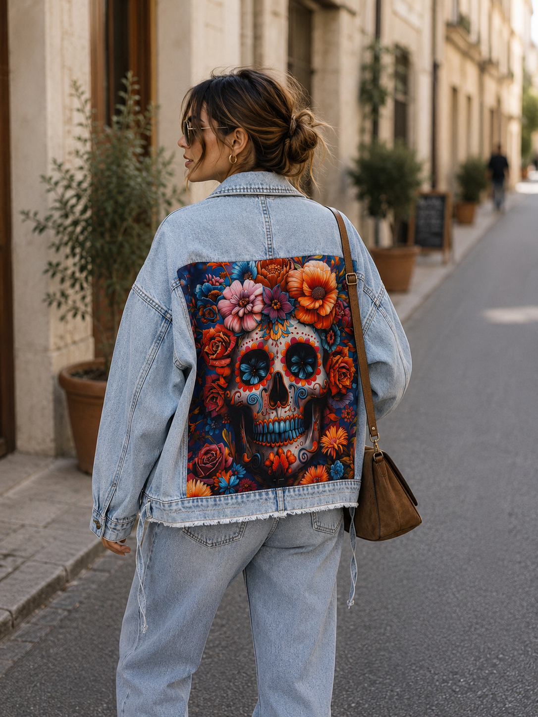 Veste en jean oversize customisée "Calavera Fleurie"
