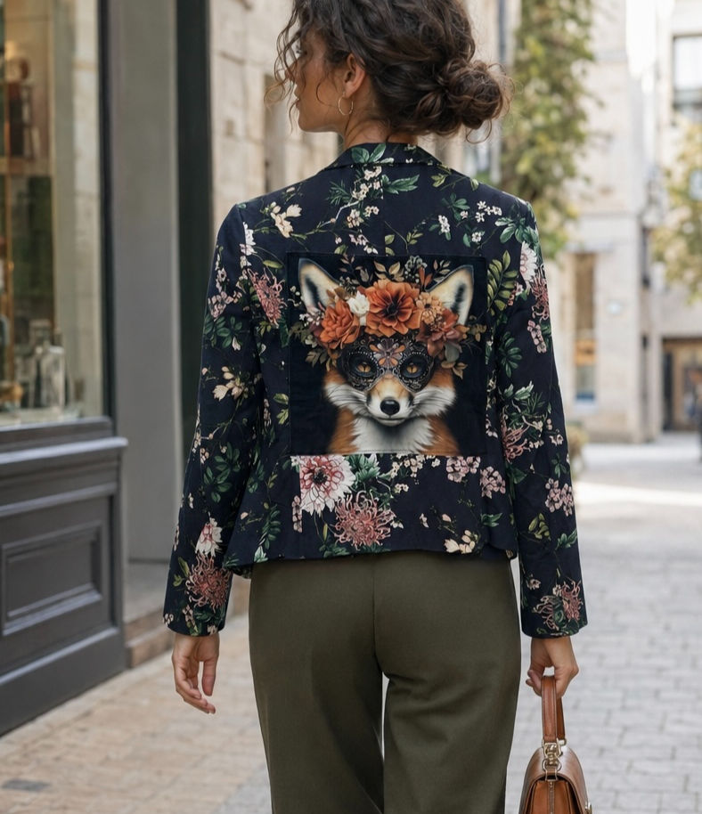 Gros plan sur Veste seconde main personnalisée femme motif renard