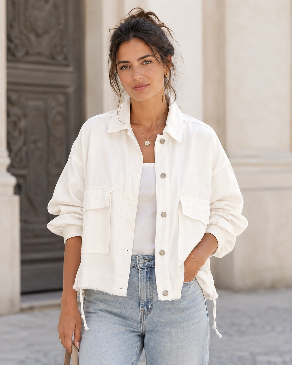 Vue de face d’une femme portant une veste courte en jean blanc avec poches plaquées