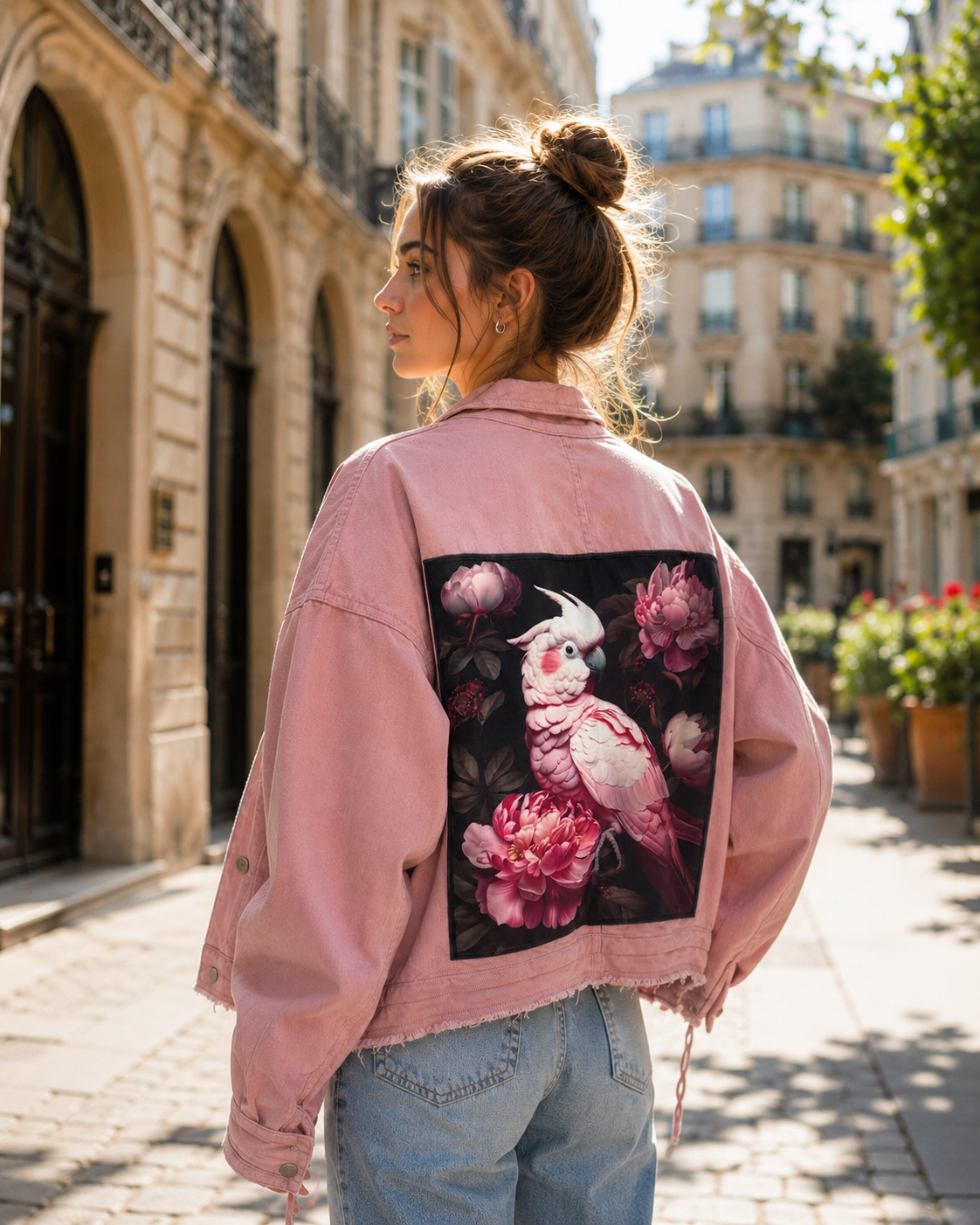 Veste oversize femme personnalisée denin rose Cacathoes