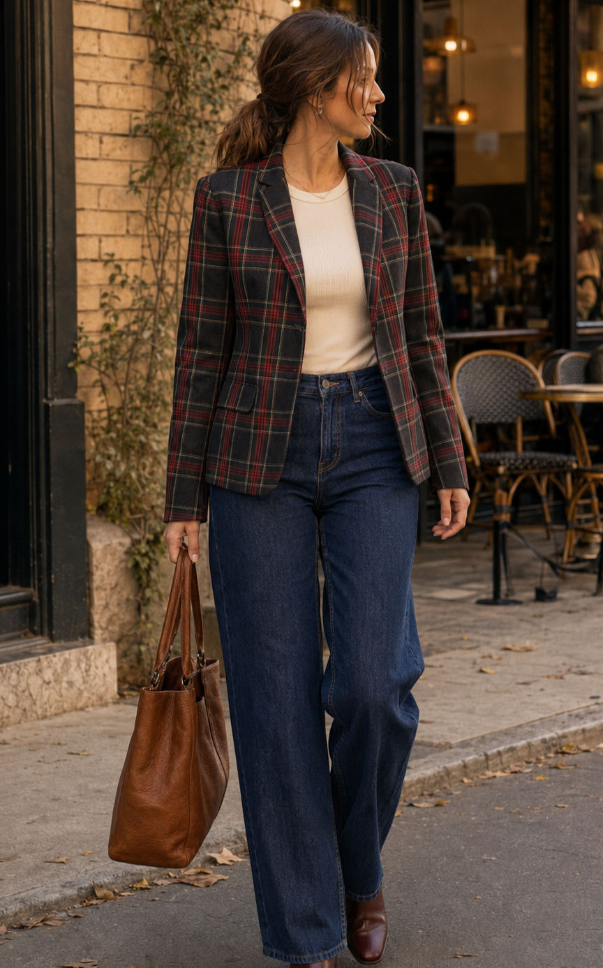 Veste blazer tartan portée avec jean - création upcyclée fait main LDKORSHOP Grignan