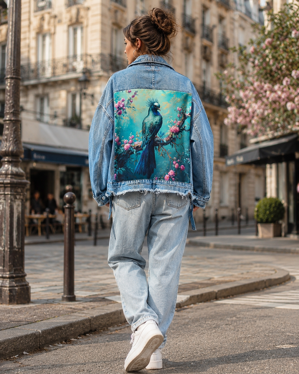 Femme de dos portant une veste en jean oversize personnalisée avec un grand visuel de paon bleu et fleurs roses