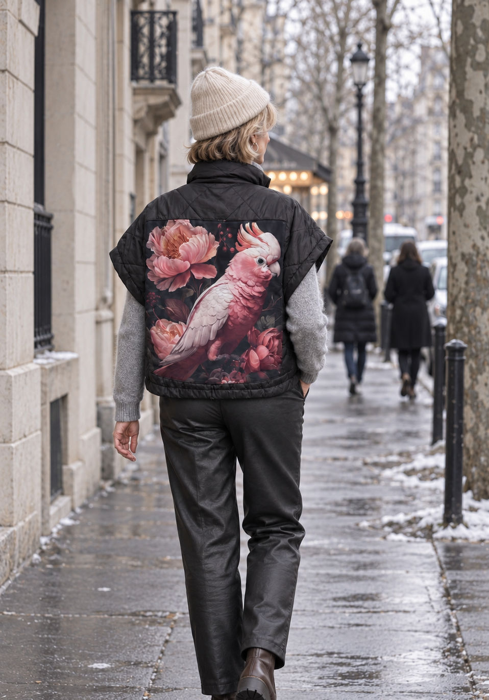 Gilet matelassé noir avec patch imprimé cacatoès rose et pivoines, style hivernal élégant