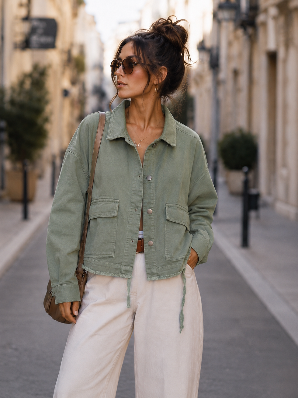 Veste oversize kaki portée face rue parisienne - LDKORSHOP Drôme Provençale