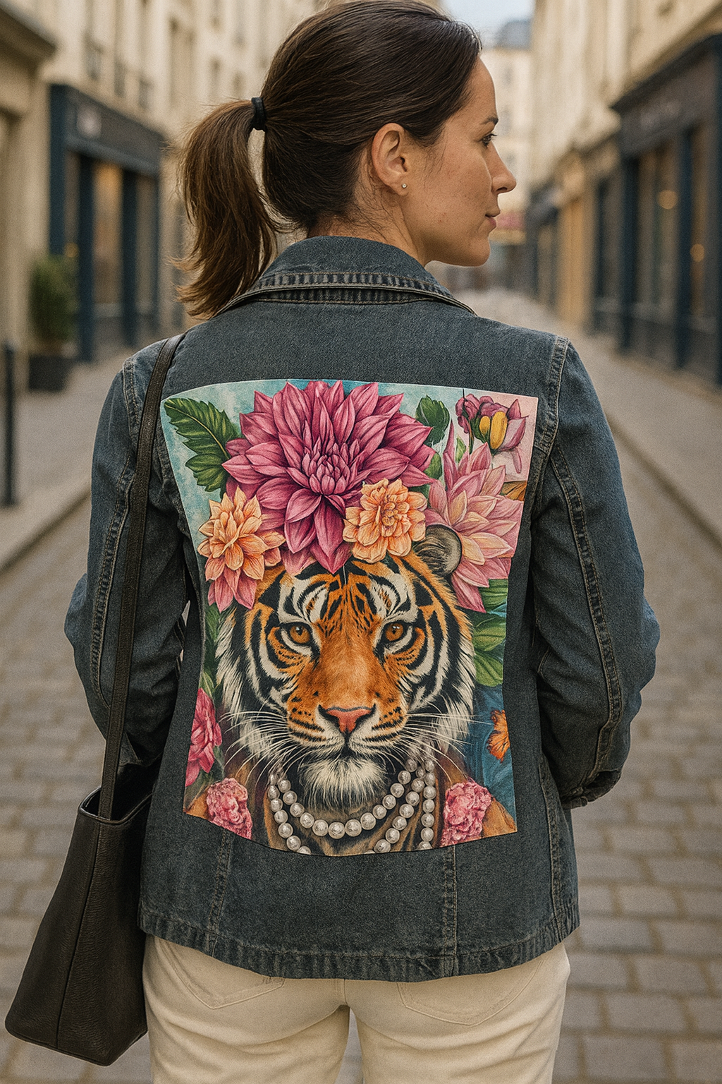 Veste seconde main customisée avec Tigre Fleuri – création LDKORSHOP