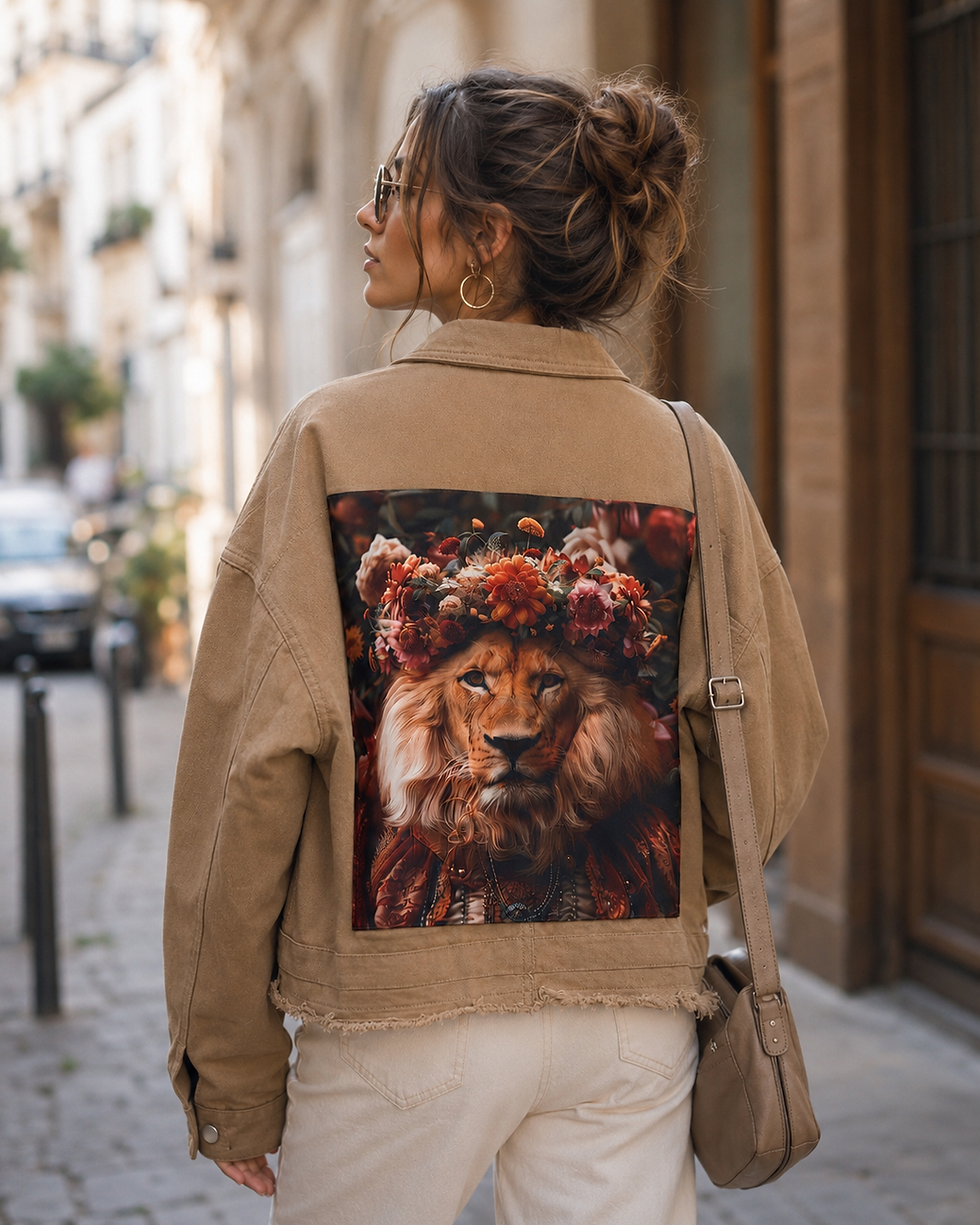 Veste oversize beige patch lion floral cousu main - LDKORSHOP