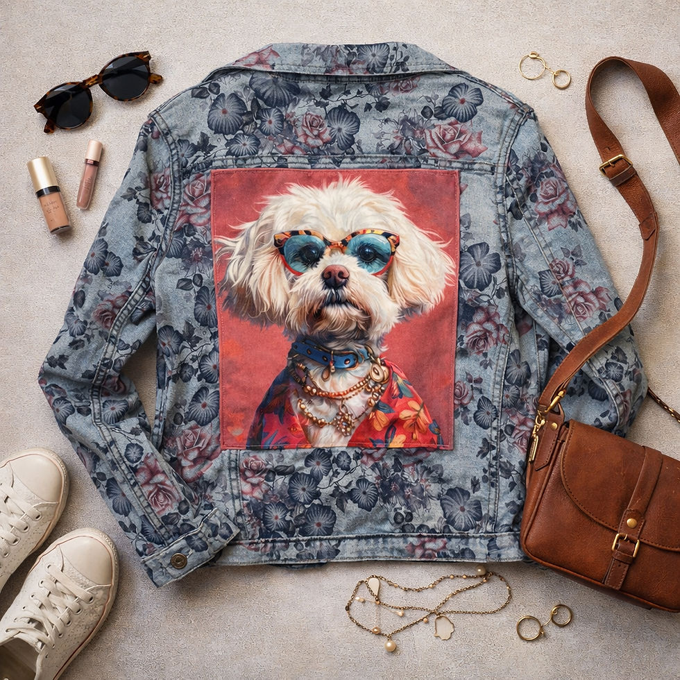 Miniature : outfit veste seconde main personnalisée en jean, jean et accessoires