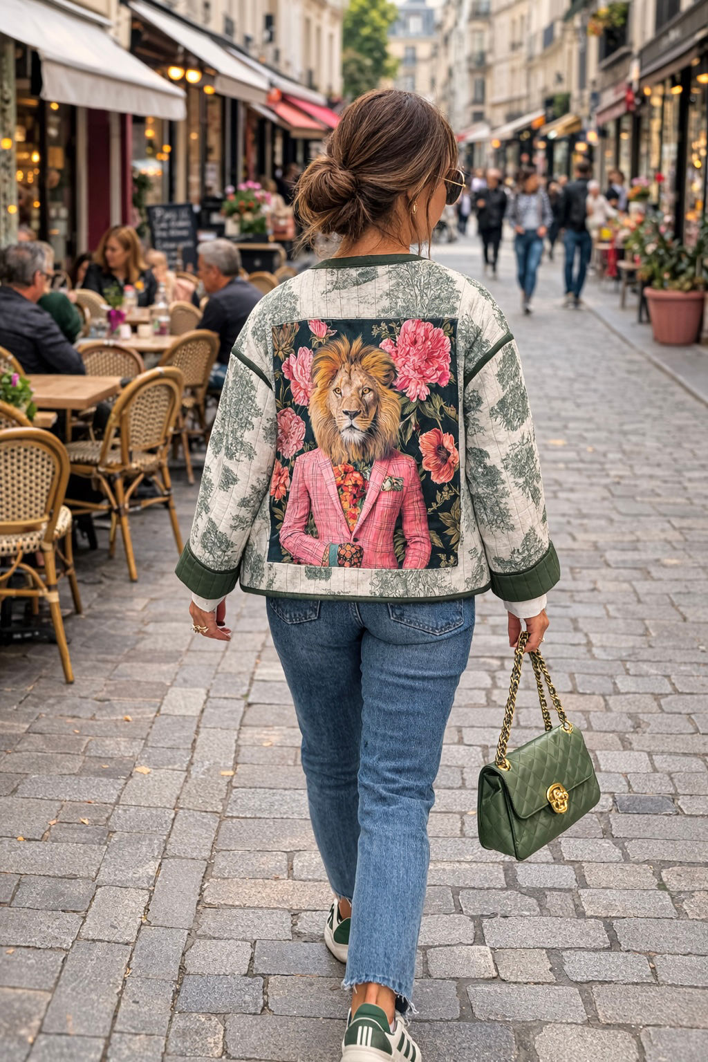 veste toile de jouy personnalisée femme dos motif lion velours