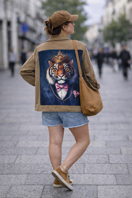 veste oversize personnalisée avec portrait artistique de tigre portée en streetwear
