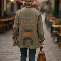 Veste militaire peinte à la main avec citation artistique au dos