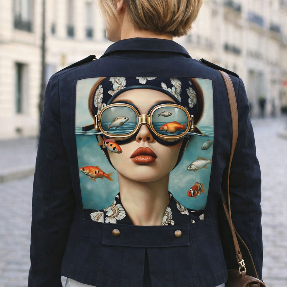 veste de seconde customisée, femme bandanas et poissons LDKORSHOP
