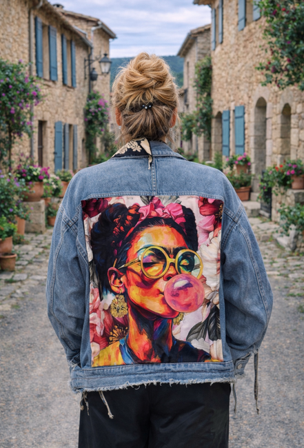 veste en jean oversize custoomisée avec portrait pop art coloré au dos 