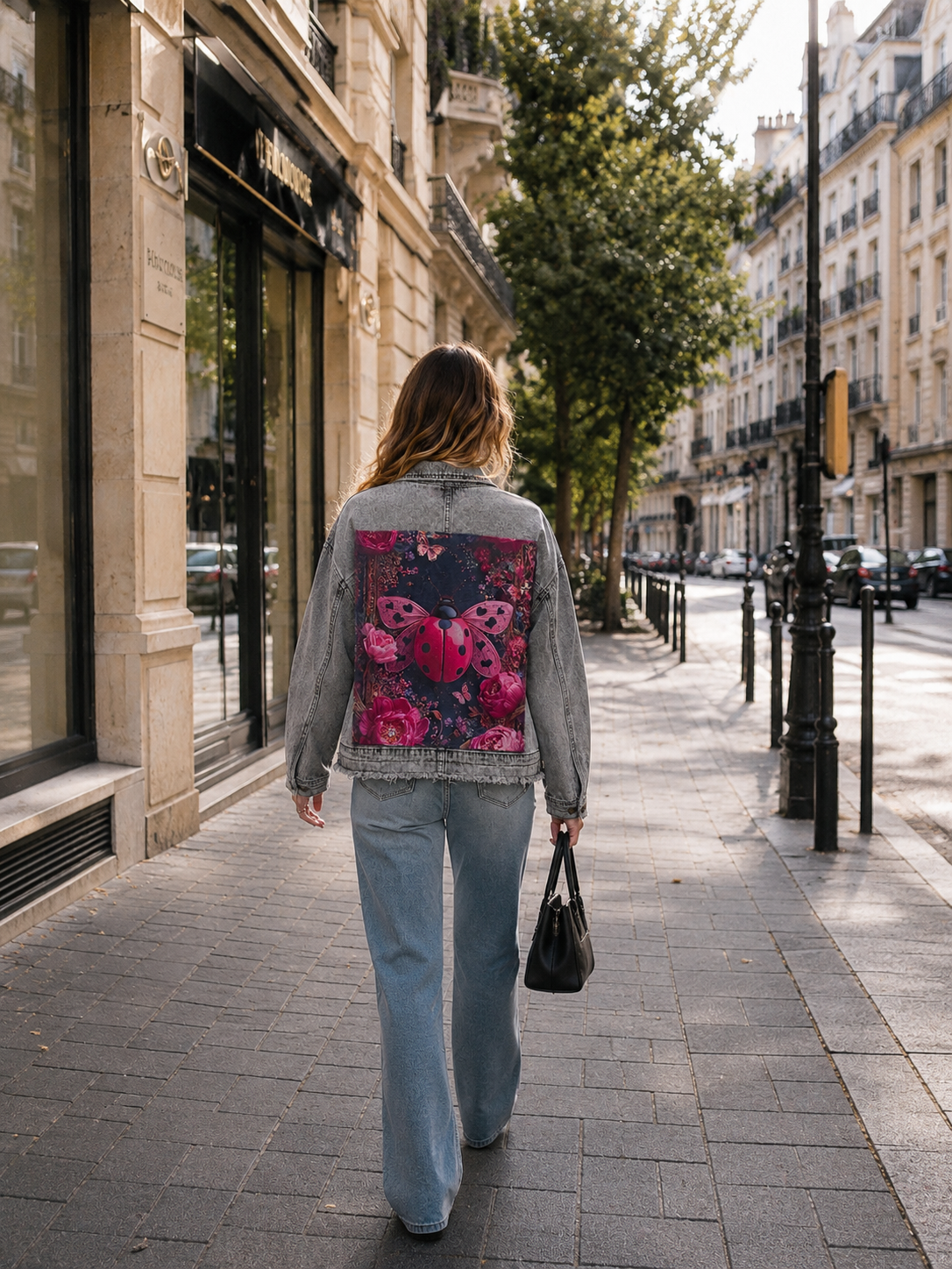 Femme de dos portant une veste en jean gris personnalisée avec une grande coccinelle rose entourée de fleurs