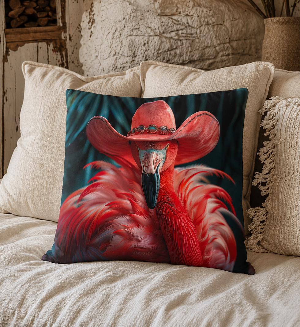 Détail face velours coussin Flamant Cowboy LDKORSHOP — impression haute définition flamant rose chapeau cowboy coloré