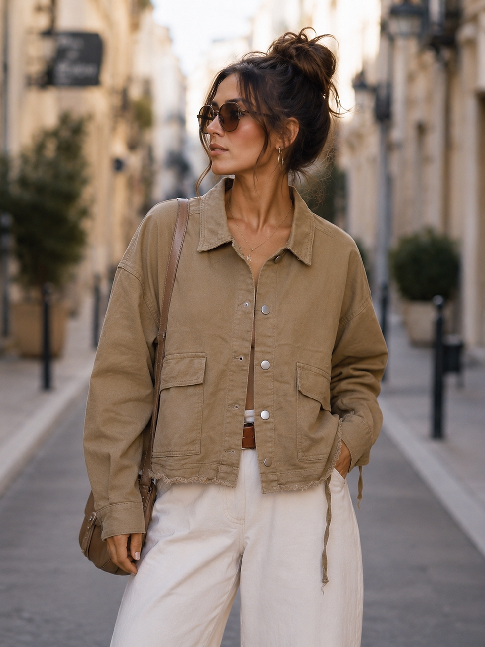 Veste oversize beige portée face rue parisienne - LDKORSHOP Drôme Provençale