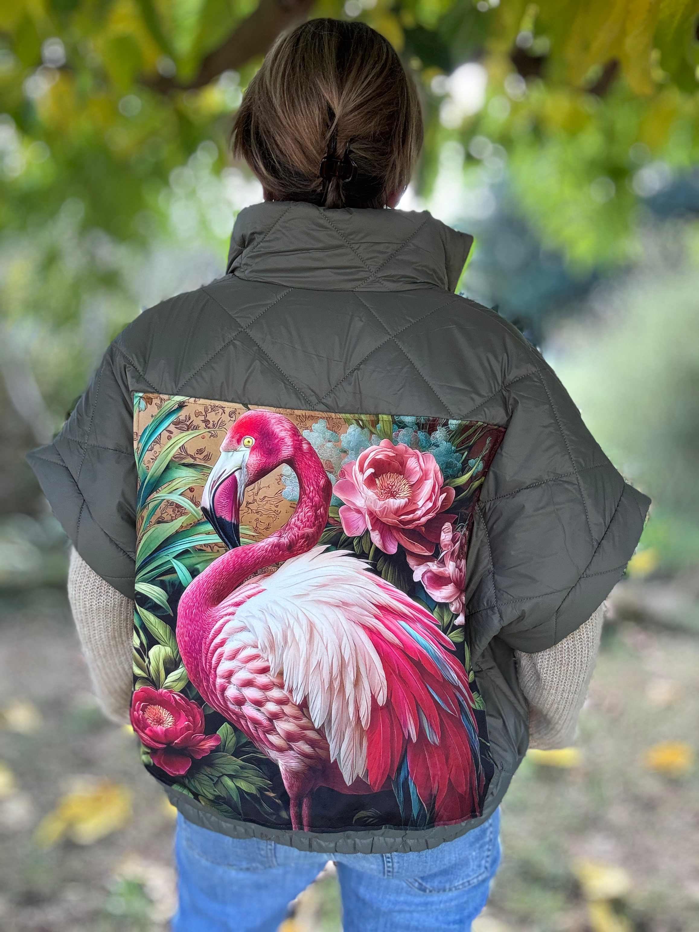 Doudoune "Flamant Rose" sans manche customisée, Ldkorshop
