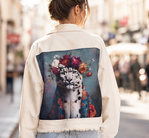 Veste en jean écru oversize customisée d'un imprimé léopard des neiges couronné de fleurs au dos, portée en look street style