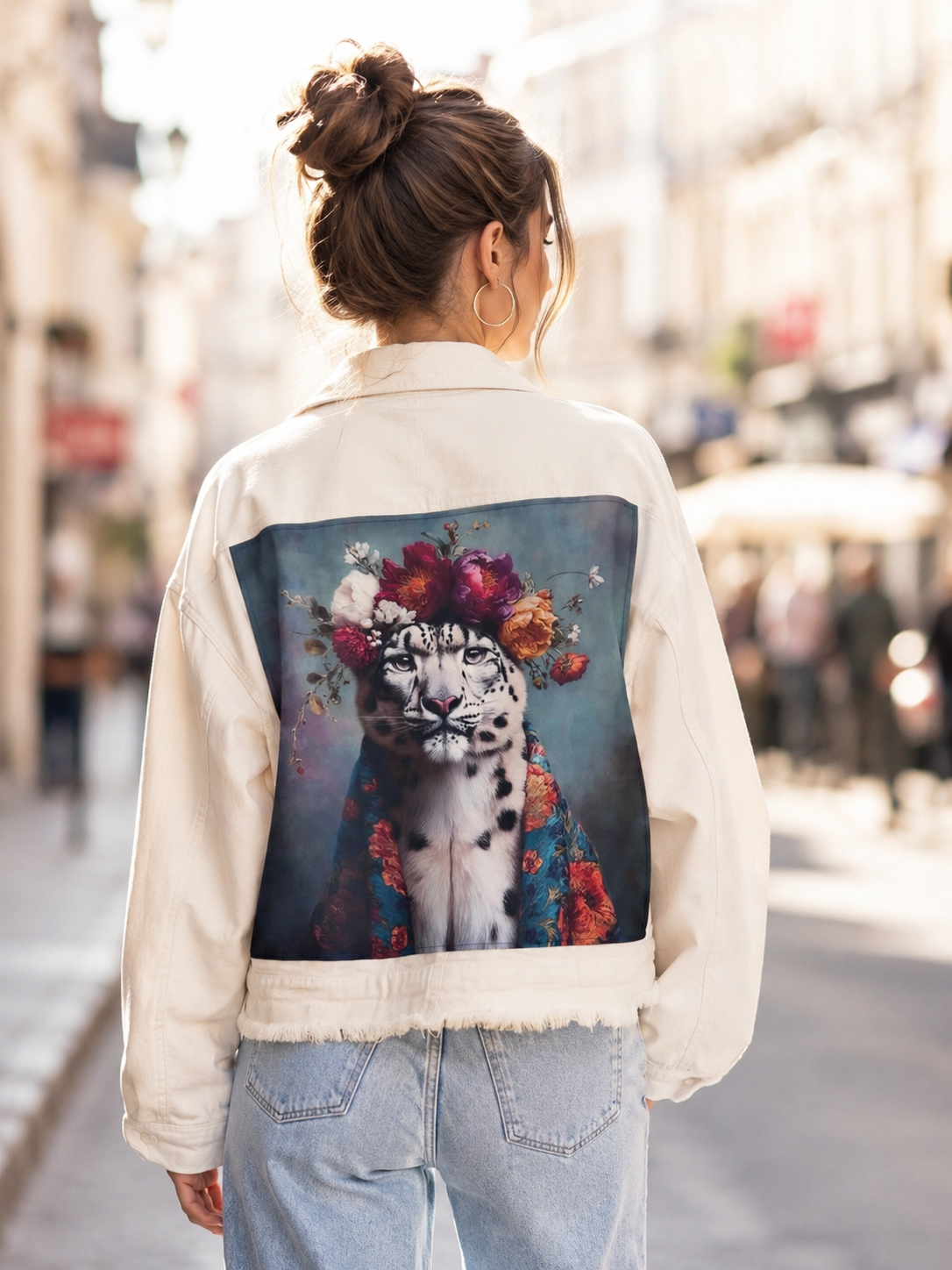 Vue rapprochée du dos d’une veste écrue customisée avec un grand visuel de léopard blanc et fleurs colorées