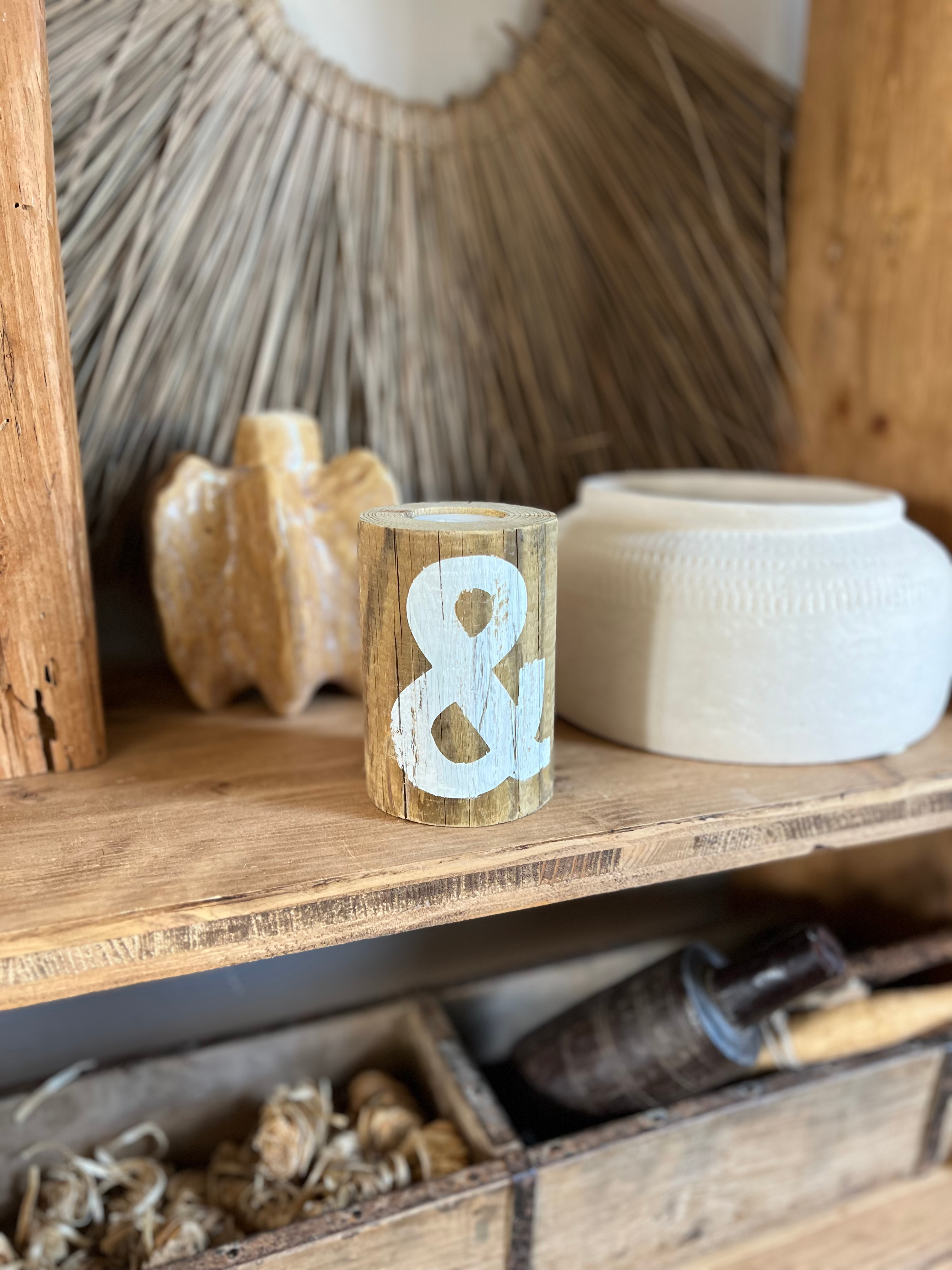 bougeoir en bois patiné motif peint,LDkorshop