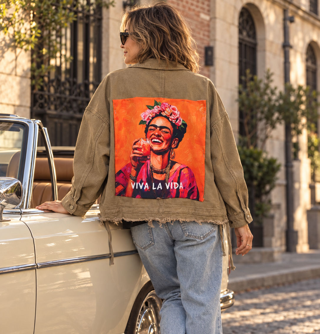 Veste en jean oversize personnalisée Frida Viva la Vida