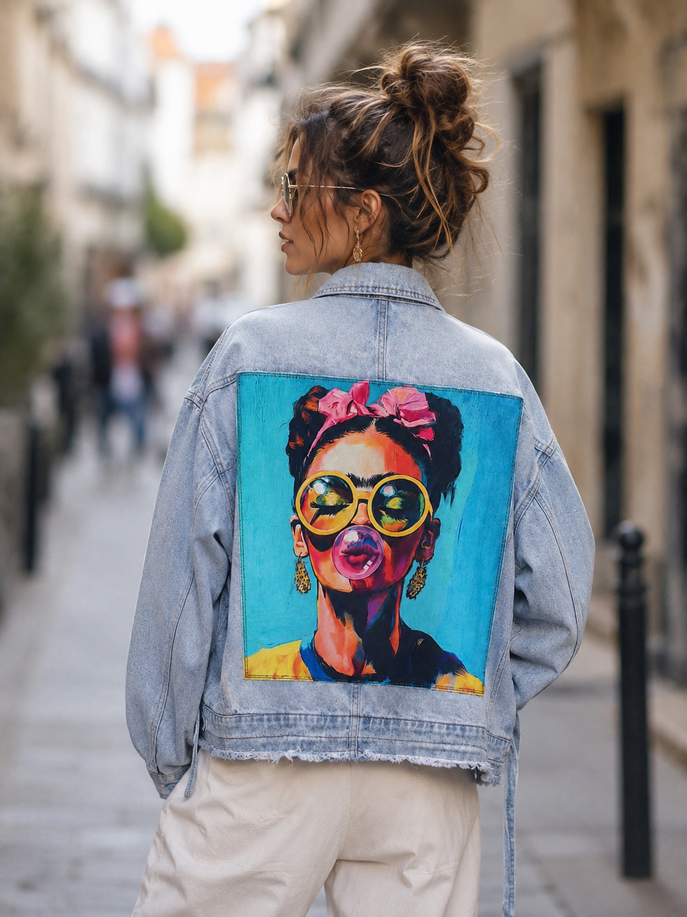 Patch pop art cousu main sur veste en jean oversize - création unique LDKORSHOP