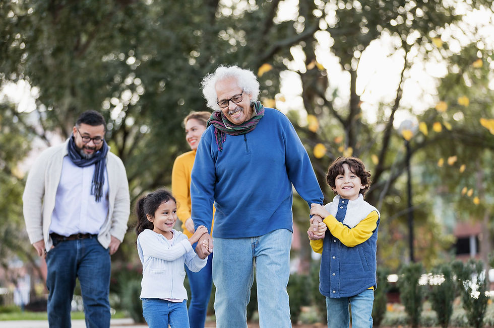 Multi-generational family walking in a park