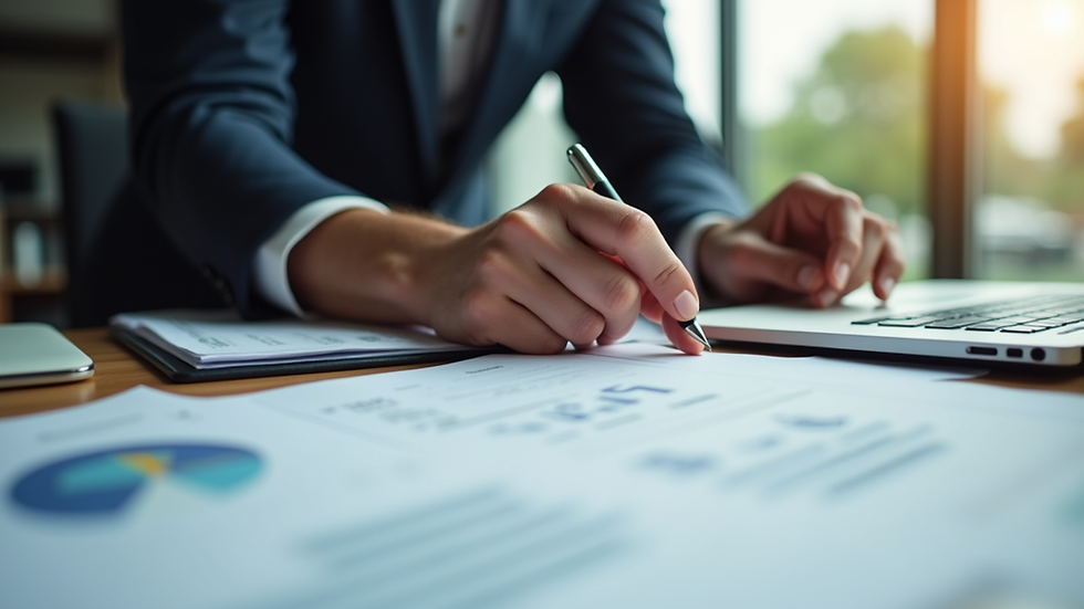 Close-up view of a small business owner organizing financial documents on a desk