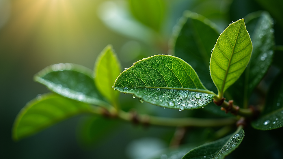 Eye-level view of Kaffir Lime leaves glistening with dew