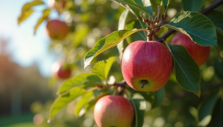 High angle view of ripe apples hanging on a mature apple tree in a Perth backyard