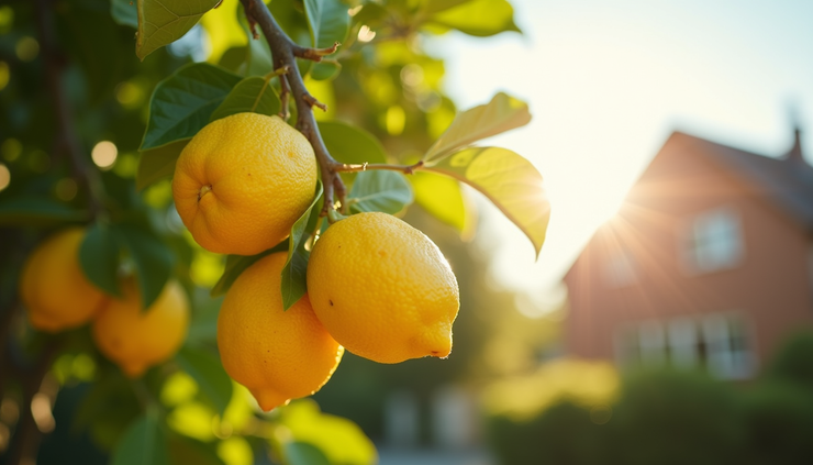 Close-up view of a lemon tree branch with ripe lemons in a sunny Perth garden