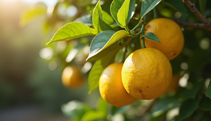 Close-up view of ripe lemons hanging on a healthy backyard citrus tree