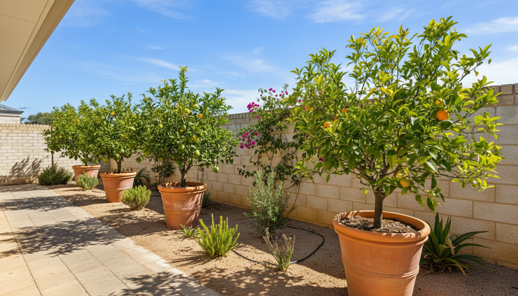 Wide-angle view of potted citrus trees on a sunny Perth patio