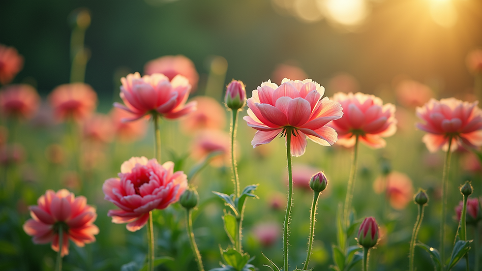Eye-level view of a peaceful garden with blooming flowers