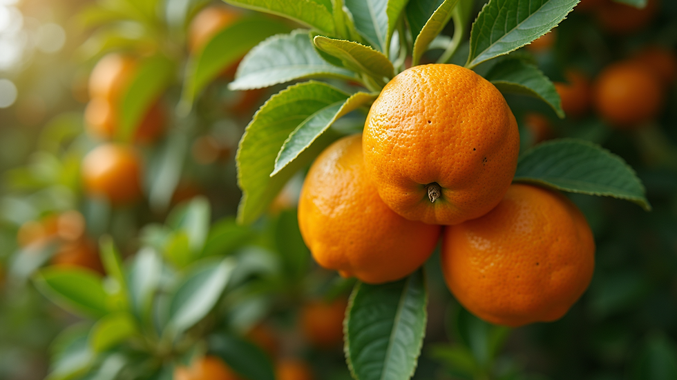 High angle view of a vibrant tangelo tree in a sunny garden