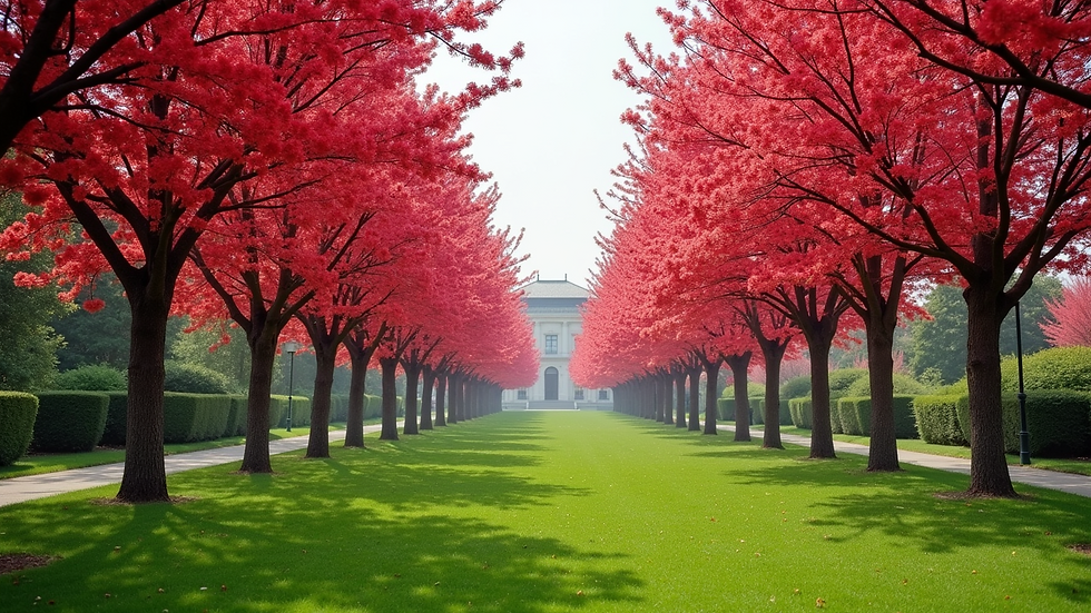 Wide angle view of a park featuring ruby trees