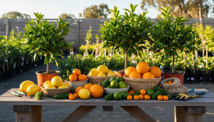 Eye-level view of mixed citrus fruit on a wooden bench beside young nursery trees.