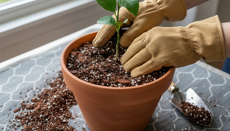 Close-up view of hands adding free-draining potting mix around a small lemon tree.