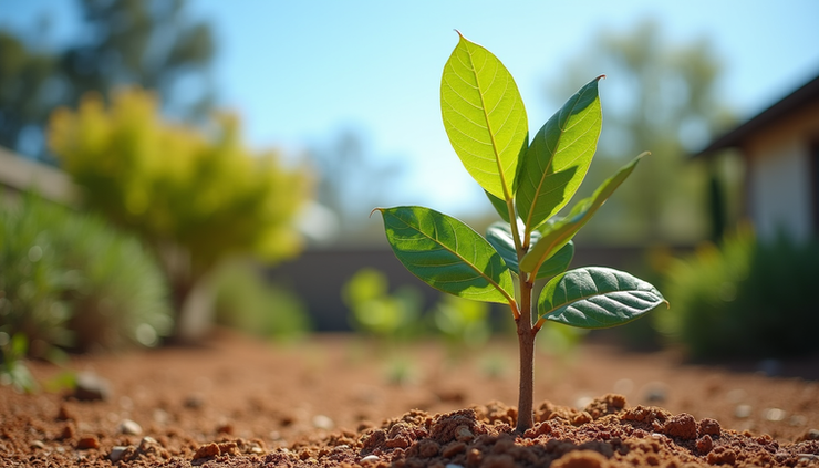 Eye-level view of a young cherry tree planted in a backyard garden in Perth