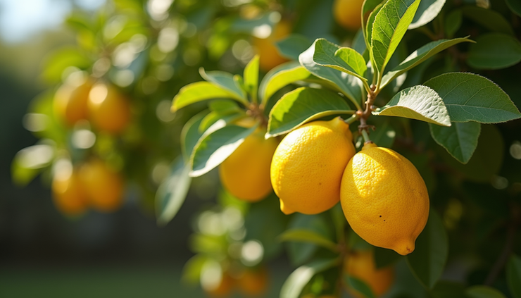 Eye-level view of a healthy lemon tree with ripe yellow lemons in a sunny Australian backyard