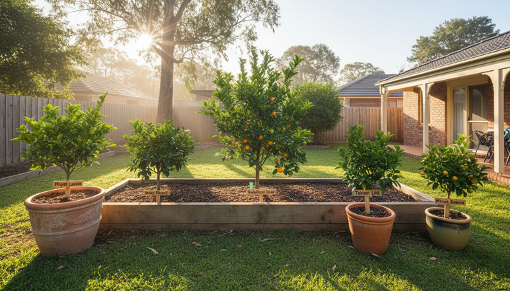Wide-angle view of a mixed citrus garden bed with labelled young trees.