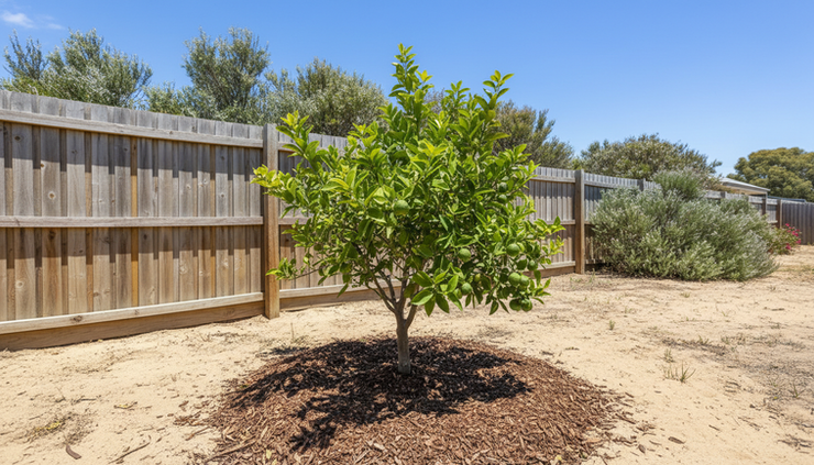 Wide-angle view of a small lime tree growing in a sunny Perth backyard garden.