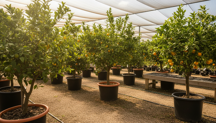 Wide-angle view of healthy citrus trees arranged in a sunny Perth nursery.