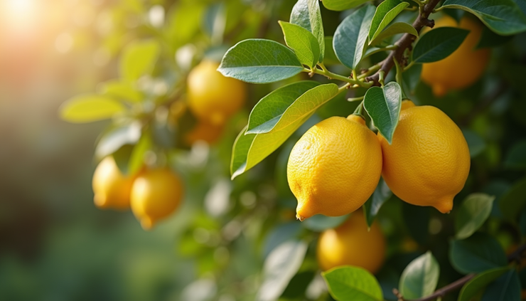 Eye-level view of a healthy lemon tree with ripe yellow lemons hanging from branches