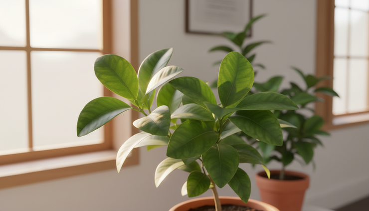 Close-up view of healthy grapefruit leaves catching indoor sunlight