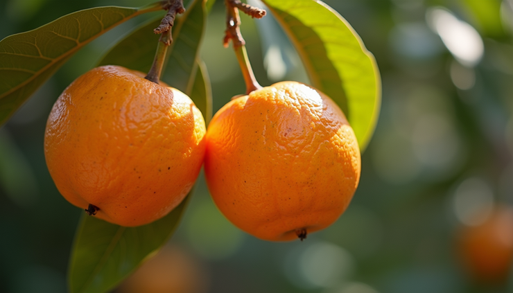 Close-up view of ripe mandarins hanging on a tree branch in a Perth garden
