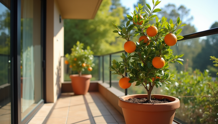 Eye-level view of a healthy orange tree in a large terracotta pot on a sunny Perth balcony
