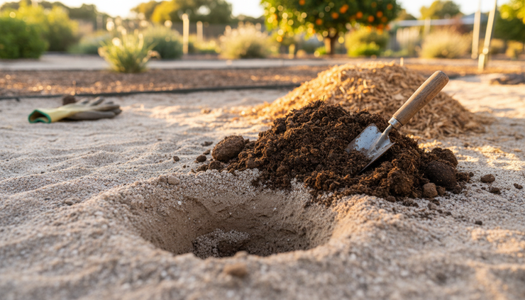 Close-up view of hands checking sandy garden soil near a citrus planting hole.