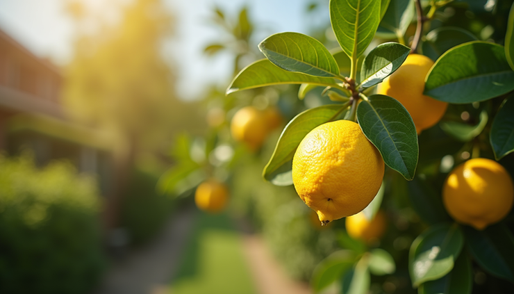 Eye-level view of a healthy lemon tree with ripe yellow lemons hanging from branches