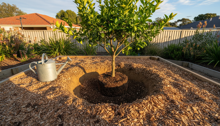 High-angle view of a young lemon tree being planted in a mulched garden bed.